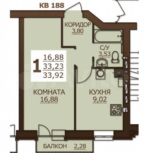 1-к. квартира, 33,9 м², 6/8 эт.