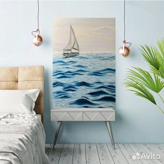 Картина маслом, 50см на 70см, Парусник