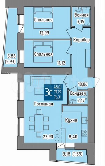 3-к. квартира, 76,3 м², 18/19 эт.