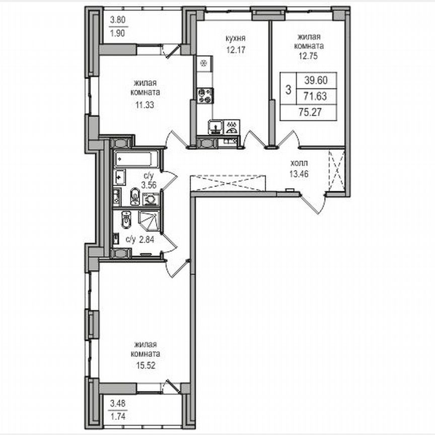 3-к. квартира, 74,7 м², 6/27 эт.