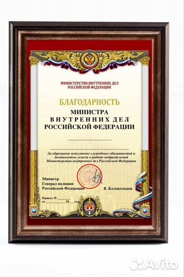 Мвд России Колокольцев Благодарность бланк