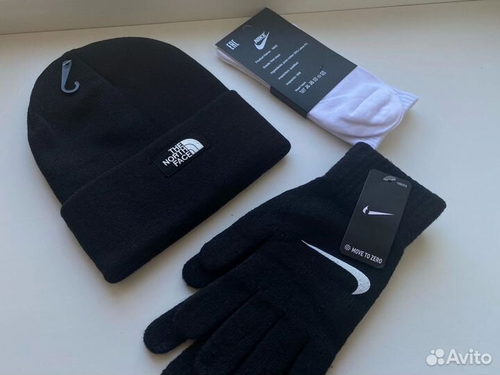 Зимний Комплект 3В1 Шапка TNF и перчатки nike