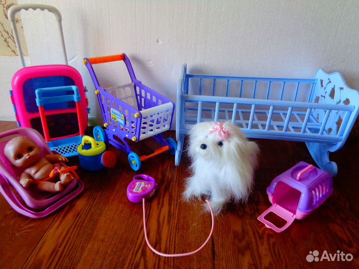 Касса, весы, посудка, кроватка, коляска