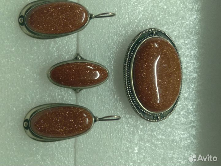 Брошь + кольцо + серьги авантюрин золотистый