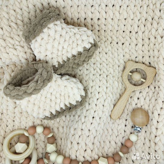 Детский плюшевый плед + пинетки 0-3 мес