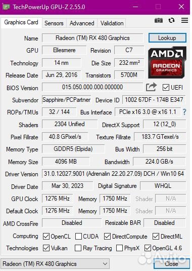 Видеокарта rx480 4gb