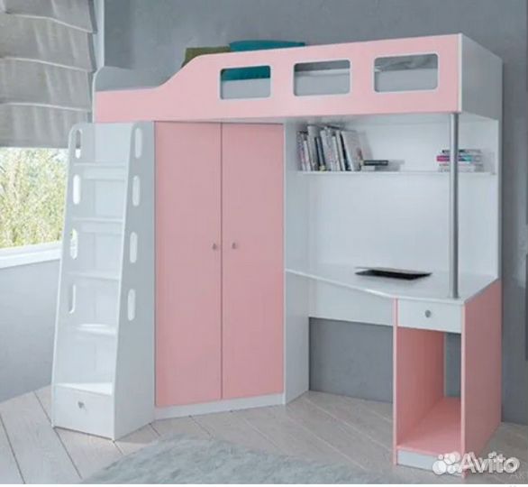 Кровать чердак Белый/Голубой