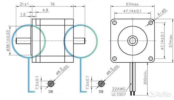 Шаговый двигатель чпу 57x76мм, 3А, 8мм двойной вал