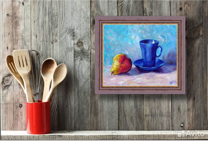Картина маслом Натюрморт Синяя кружка и груша