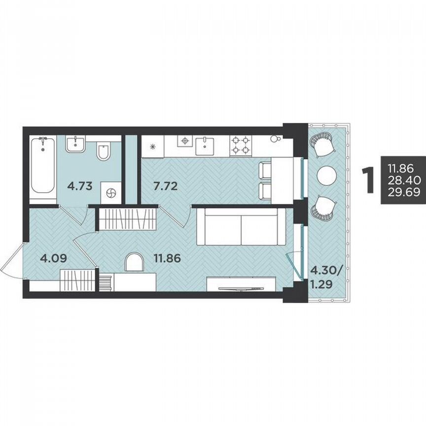 1-к. квартира, 29,7 м², 2/4 эт.