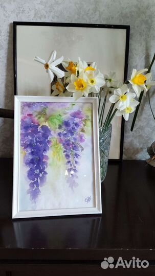 Картина акварель Цветы Глициния Розы