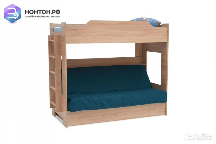 Двухъярусная кровать с диван-кроватью велюр зелены