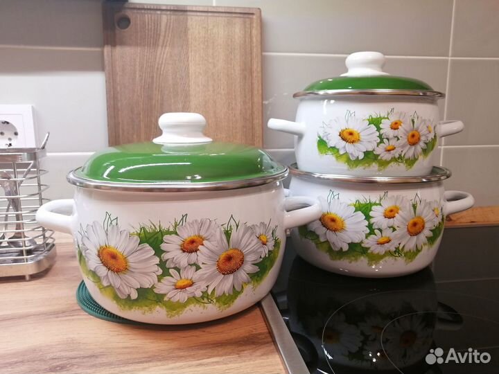 Набор эмалированных кастрюль Ромашки лето