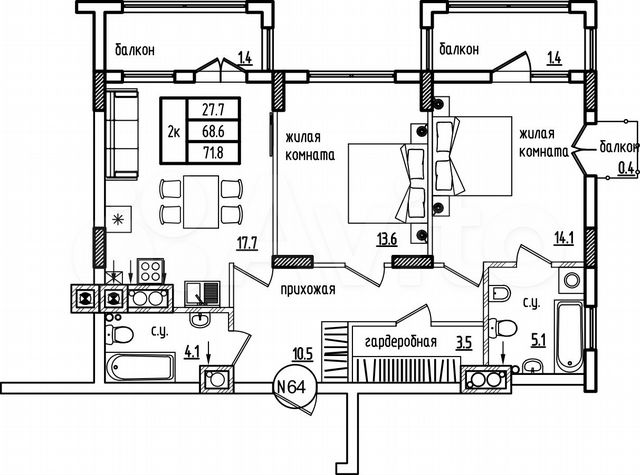 2-к. квартира, 71,8 м², 1/9 эт.