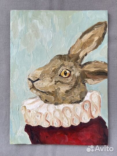 Картина маслом Кролик в жабо 20х15