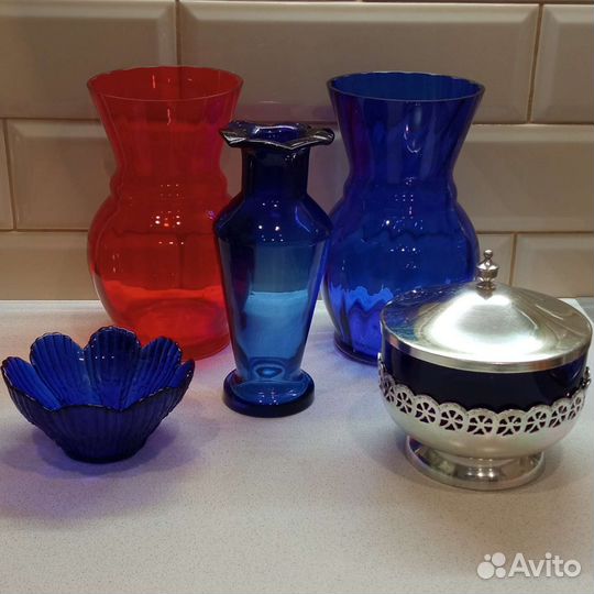 Кобальтовое стекло. Вазы, сахарница, салатник СССР