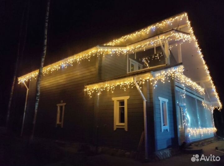 Украшение домов гирляндами, подсветка дома лентой