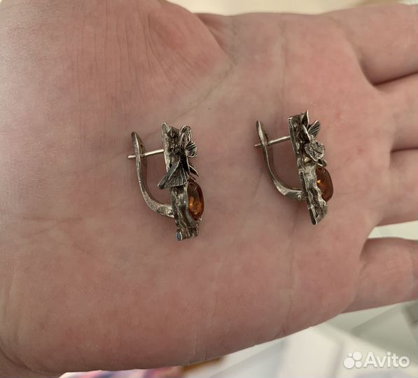 Серьги серебро янтарь