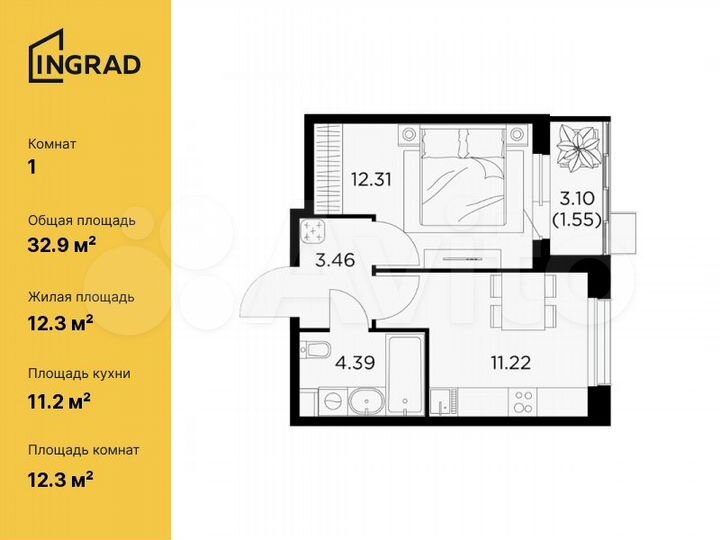 1-к. квартира, 32,9 м², 12/13 эт.