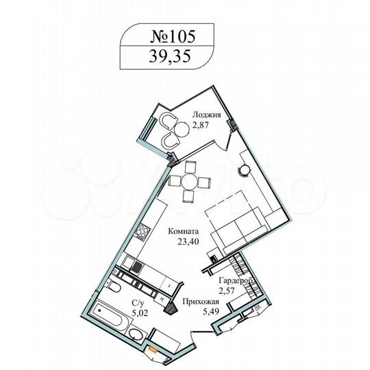 1-к. апартаменты, 39,4 м², 4/5 эт.