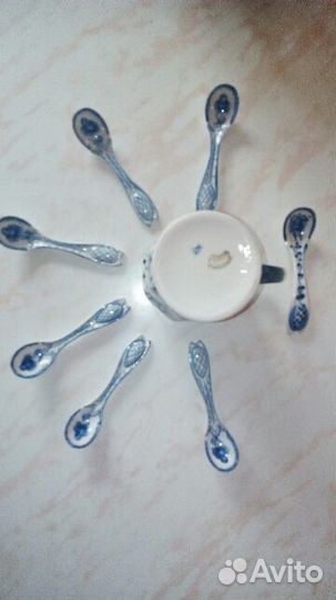 Гжель чаша+ложечки