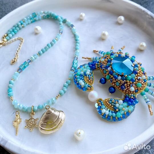 Чокер морская тематика. Брошь-краб