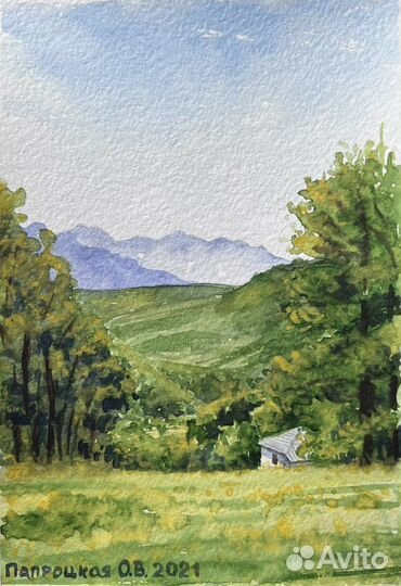 Картина пейзаж акварелью домик в горах