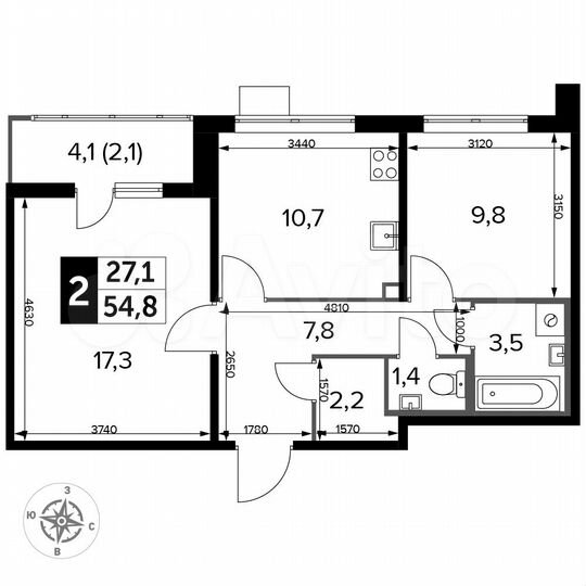 2-к. квартира, 54,8 м², 18/25 эт.