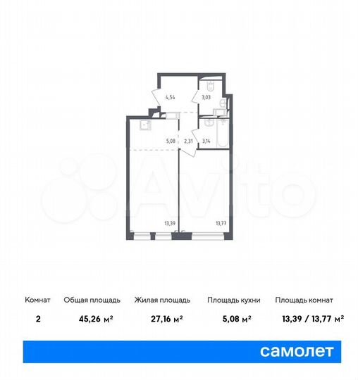 2-к. квартира, 45,3 м², 3/17 эт.