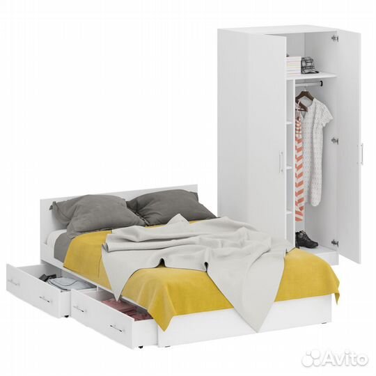 Кровать белая двуспальная с ящиками 1400 со шкафом для одежды 2-х створчатым Стандарт, цвет белый, с