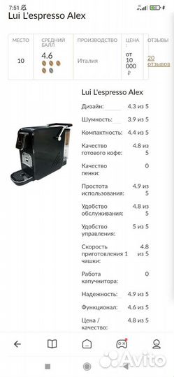 Кофемашина капсульная Lui L'espresso Alex, кофевар