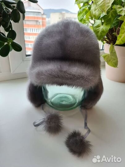 Шапка норковая голубая, коричн / шапка чернобурка