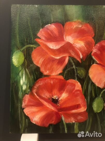 Картина маслом, красные маки, мдф 30х40