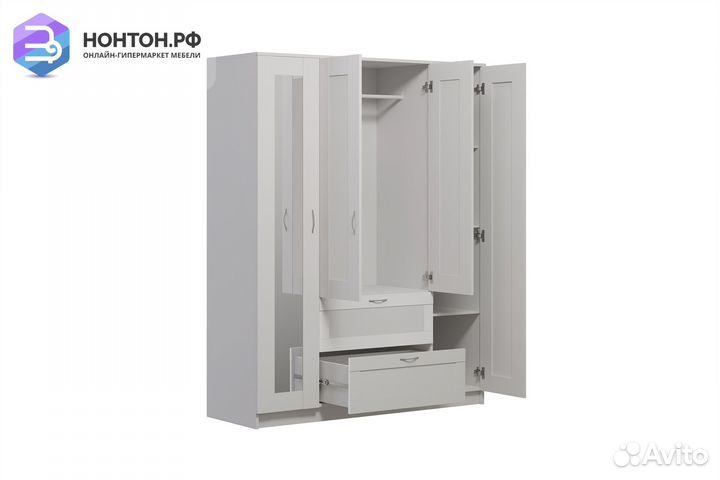 Шкаф четырехстворчатый Сириус белый с двумя ящикам