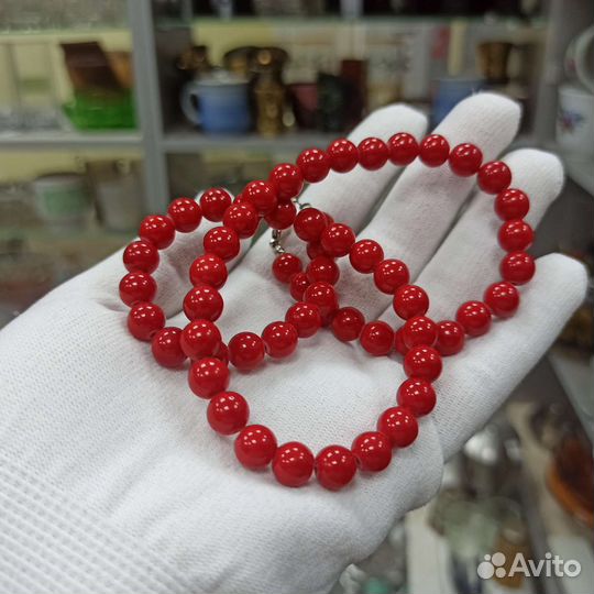 Красные Бусы Ожерелье Прессованный Коралл Винтаж