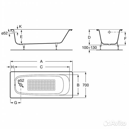 Чугунная ванна Roca Continental 150х70 21291300R