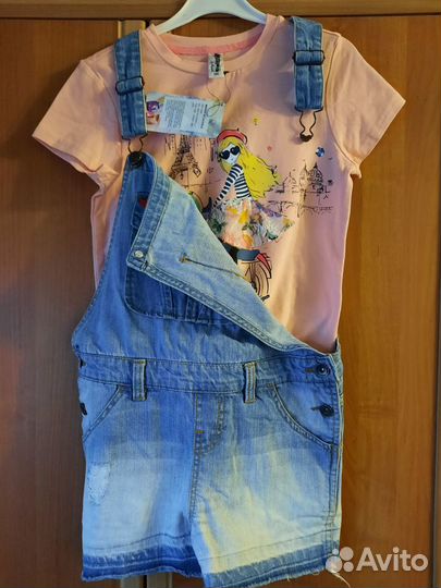 Одежда для девочки, футболка, джинсовый комбинезон