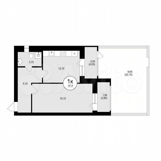 1-к. квартира, 57,4 м², 1/8 эт.