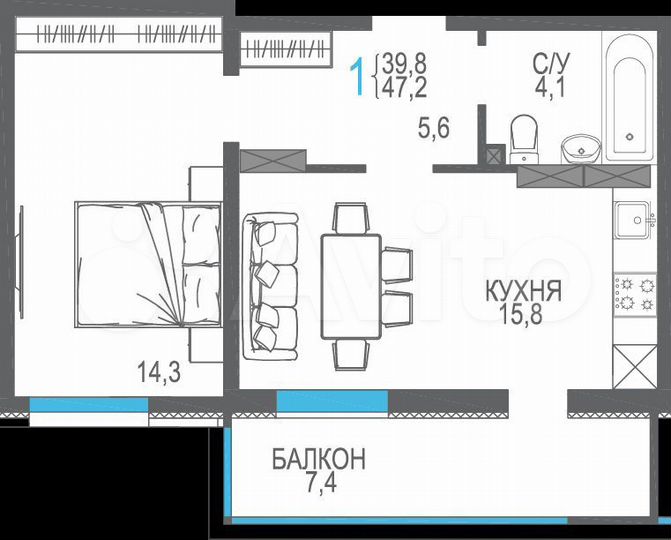 1-к. квартира, 47,2 м², 5/9 эт.