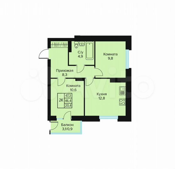 2-к. квартира, 47,3 м², 3/10 эт.