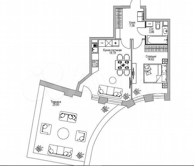 Своб. планировка, 53,4 м², 27/39 эт.