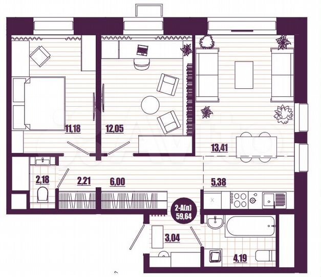 2-к. квартира, 59,6 м², 11/16 эт.