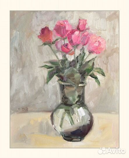 Картины маслом на холсте Розы для любимой бежевый