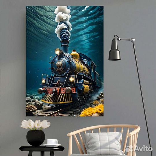 Оригинальная картина маслом Паровоз под водой