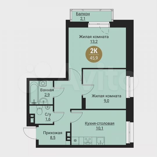 2-к. квартира, 45,9 м², 6/6 эт.