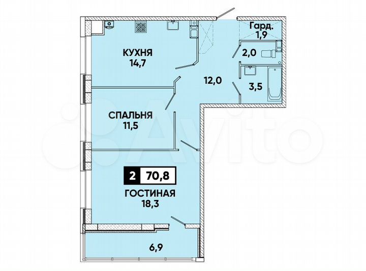 2-к. квартира, 70,8 м², 8/12 эт.