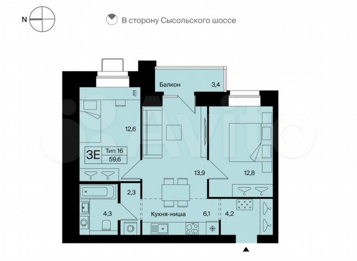3-к. квартира, 59,6 м², 12/12 эт.