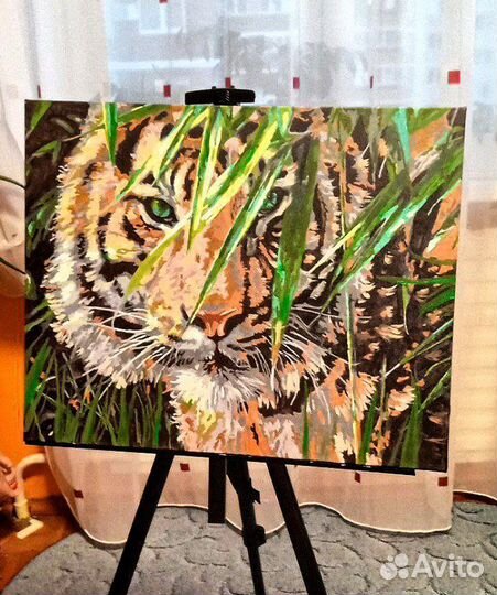 Картина акрилом с рисунком тигра ручной работы