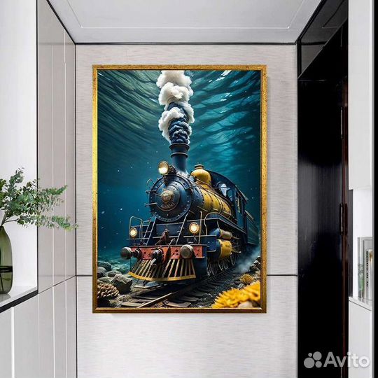 Оригинальная картина маслом Паровоз под водой