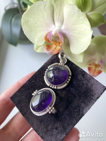 Коплект кольцо кулон винтаж аметист серебро